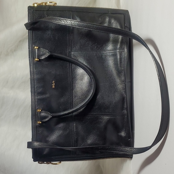 Lauren by Ralph Lauren Black Leather Satchel Tote Bag, Side Zippers to Expand - Picture 3 of 10